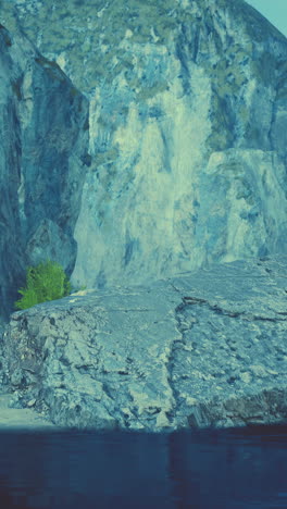 rocky coastline with a mountain in the background