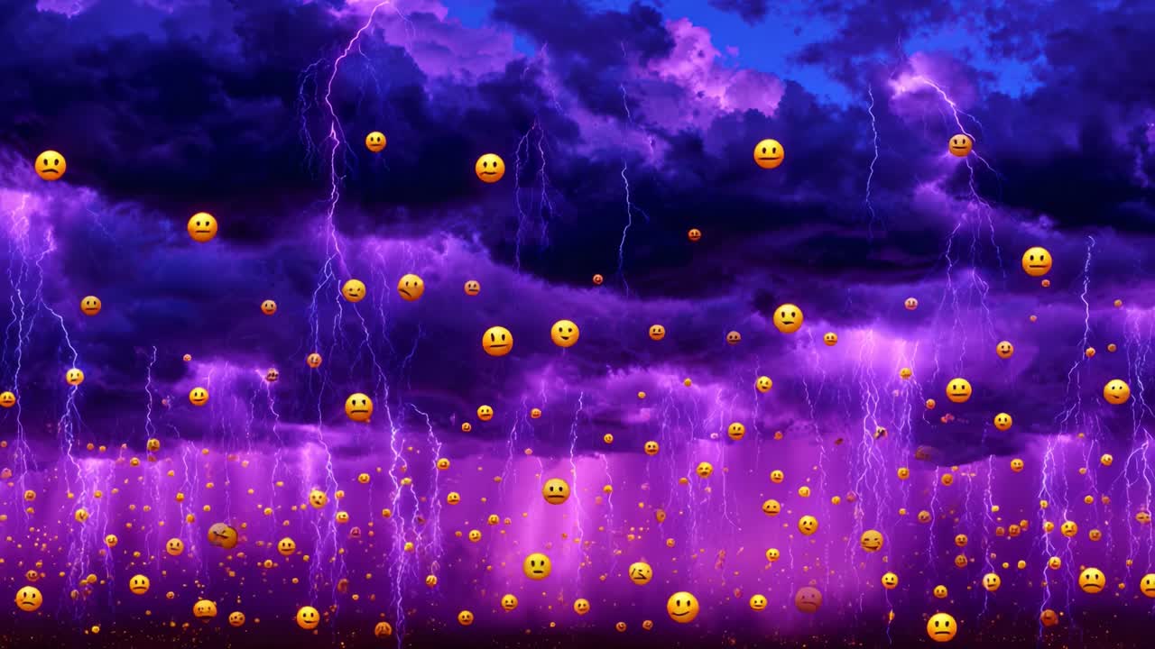Ett surrealistiskt landskap av känslomässiga symboler mitt i stormig himmel: En fantasifull scen fylld med regndroppar av positiva och negativa känslor under en dramatisk molnig bakgrund