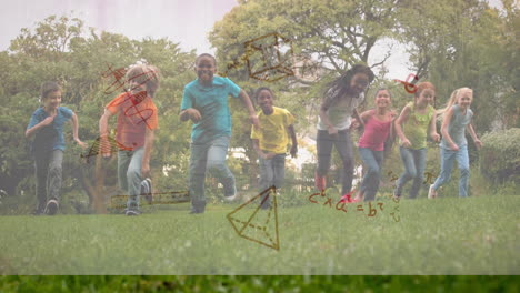 mathematical equations and diagrams against group of kids running in the garden