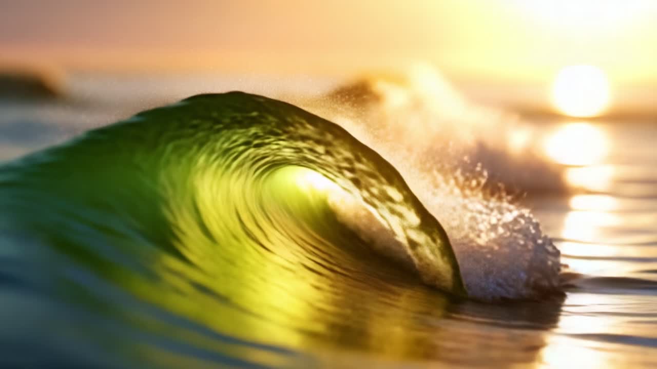 Onde oceaniche affascinanti che brillano alla luce del sole, mettendo in mostra il movimento fluido e le vivaci tonalità di verde in un sereno paesaggio marino all'alba o al tramonto