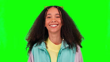 Happy,-wink-and-face-of-woman-on-green-screen