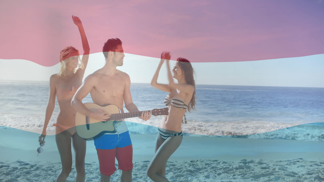 Young people enjoying beach day with guitar and colorful overlay animation