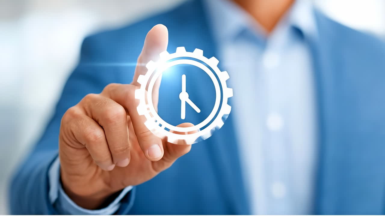 Businessman with clock icon. A man points at a clock icon with a blue suit on. The background shows a blurred office environment