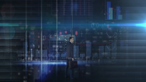 animación del procesamiento de datos financieros sobre un hombre de negocios con un maletín