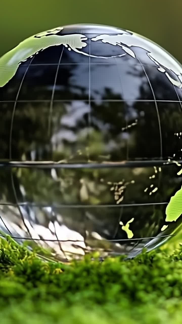 Globe resting on green moss surface. A clear globe sits on lush green moss, reflecting natural light and surroundings, symbolizing environmental awareness.