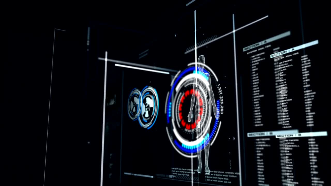 animazione 4k 3d dell'interfaccia utente hud che si muove su uno sfondo scuro per il concetto futuristico cibernetico con grano elaborato