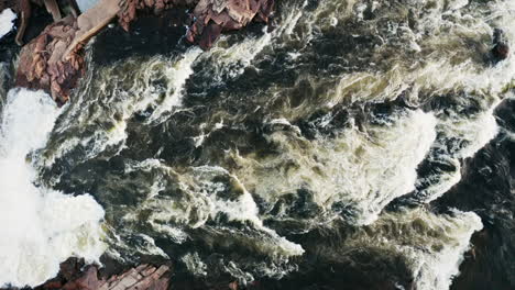 top-down drone footage of intense river, stream, rapids in northern sweden