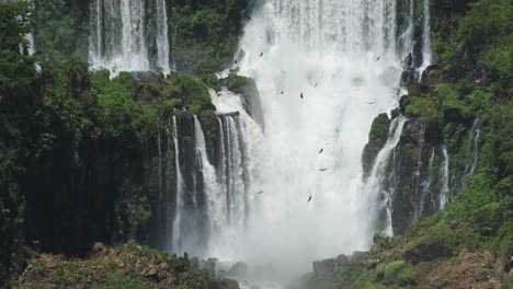 Beautiful-Flock-of-Birds-Passing-over-Amazing-Huge-Waterfall-Hidden-in-Argentinian-Jungle,-Large-Double-Waterfall-Slow-Motion-Scenery-with-Amazing-Wildlife-in-Iguazu-Falls,-South-America