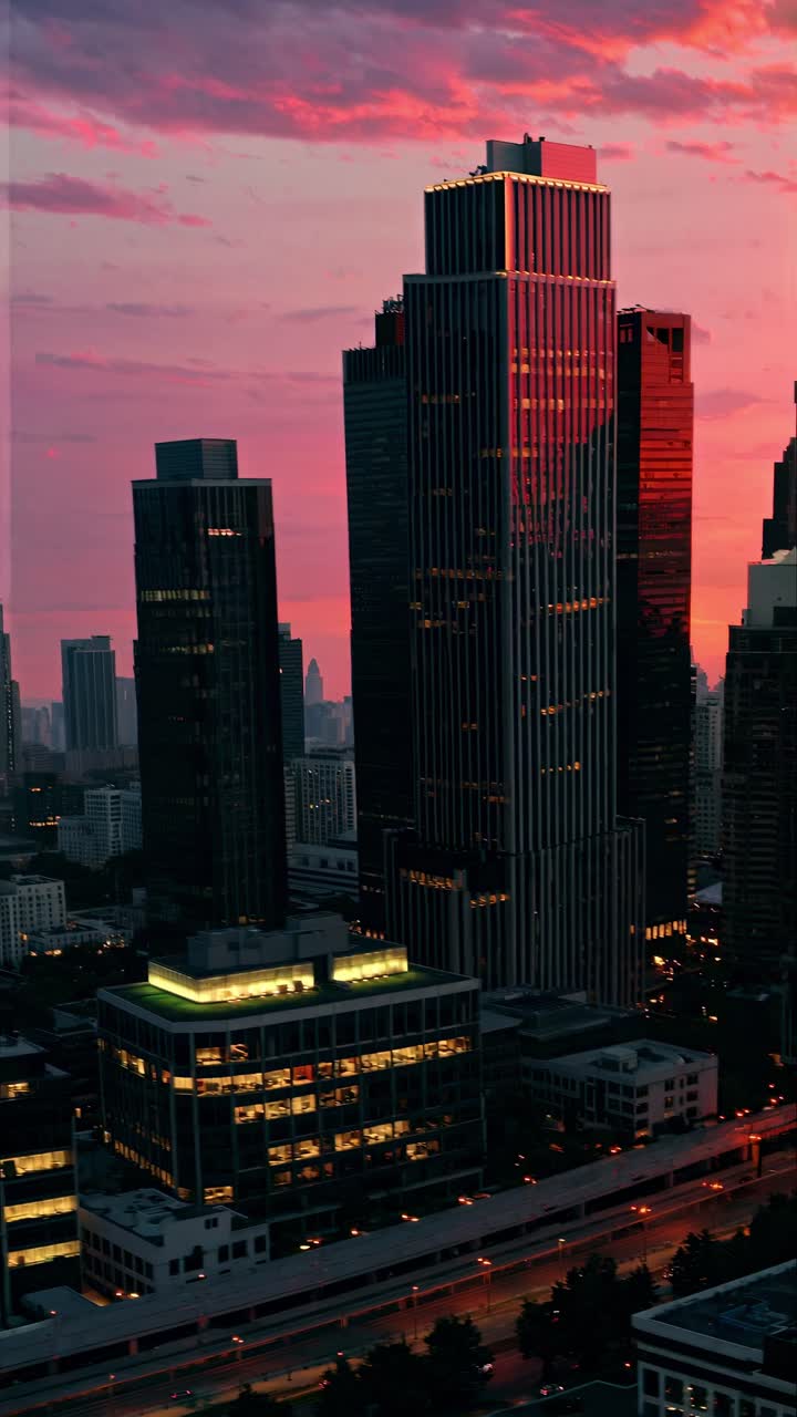 Aerial video view of skyscrapers at sunset, capturing urban architecture with a warm, dramatic sky