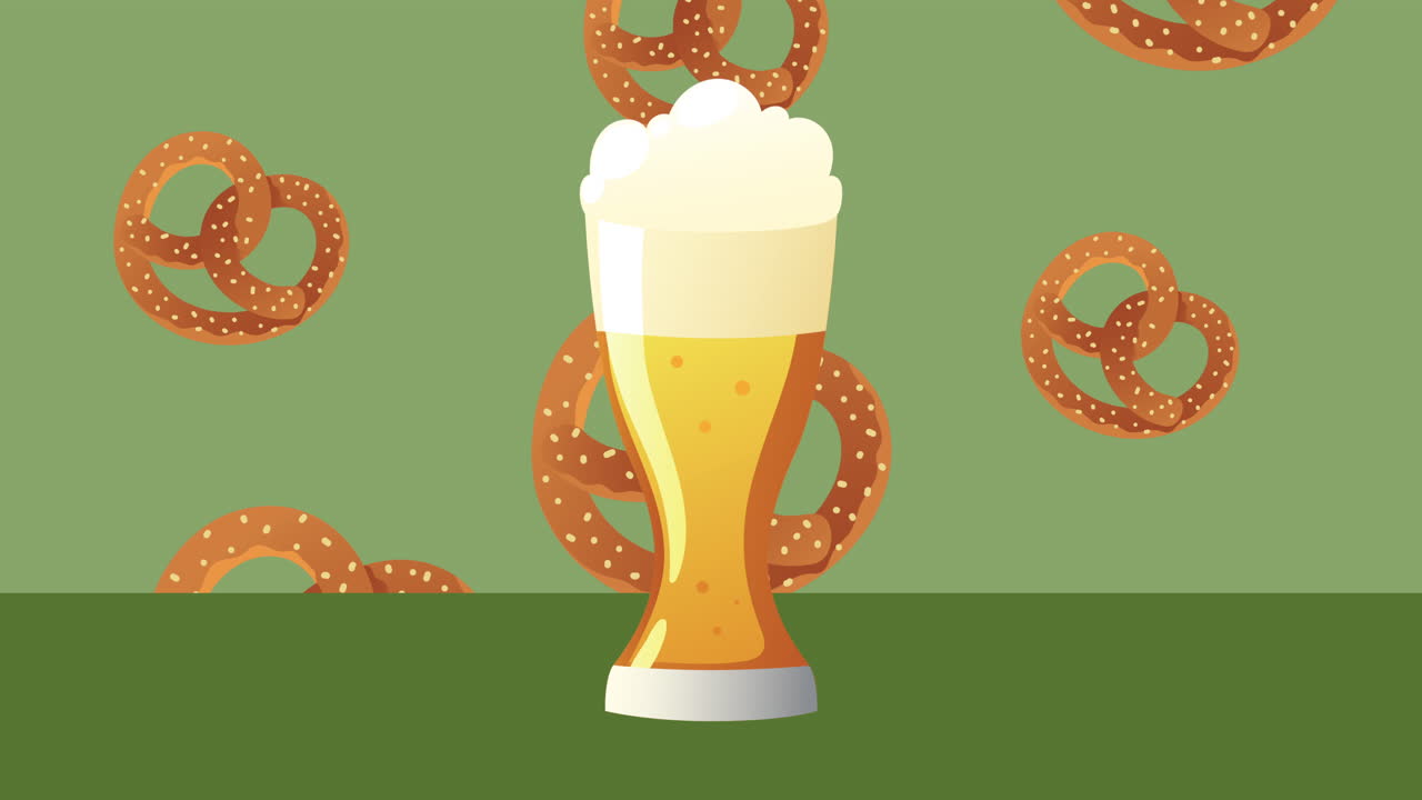 animación de celebración del oktoberfest con cerveza y pretzels