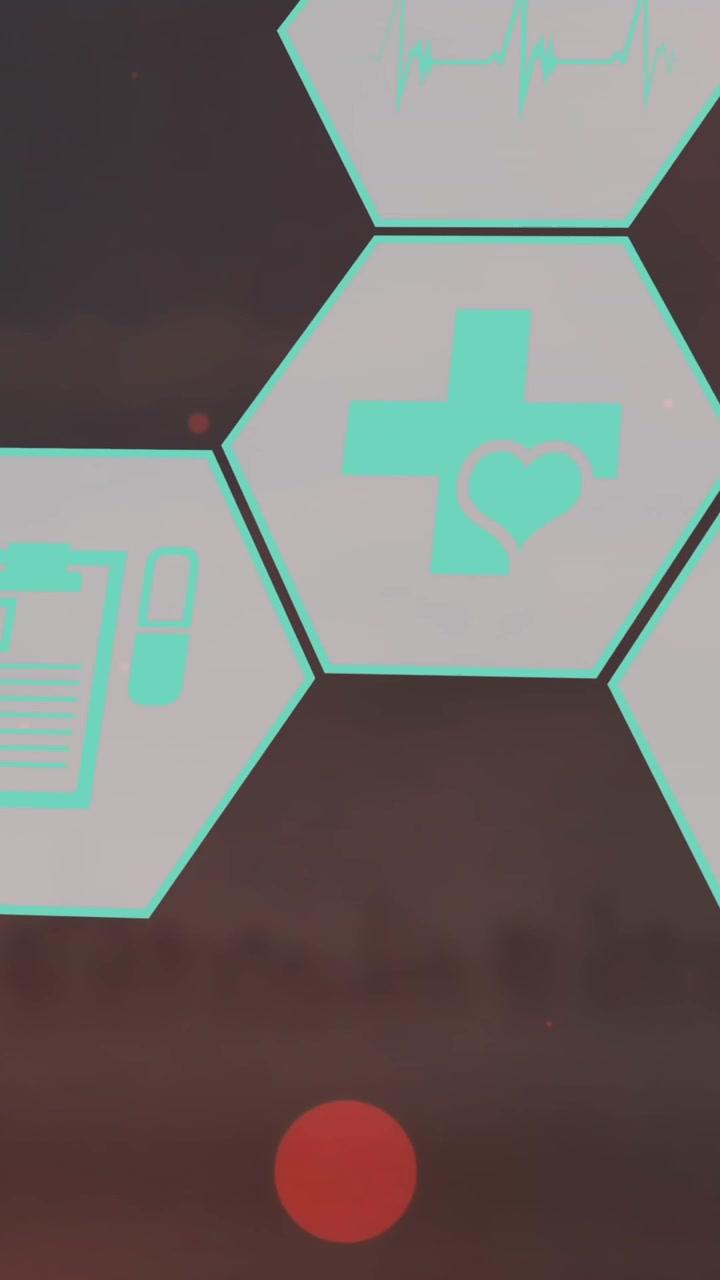 Animazione di elaborazione dati scientifici con icone mediche su sfondo scuro