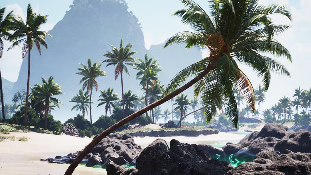 Tropical beach in tahiti with palm trees and rocky coastline on a sunny day