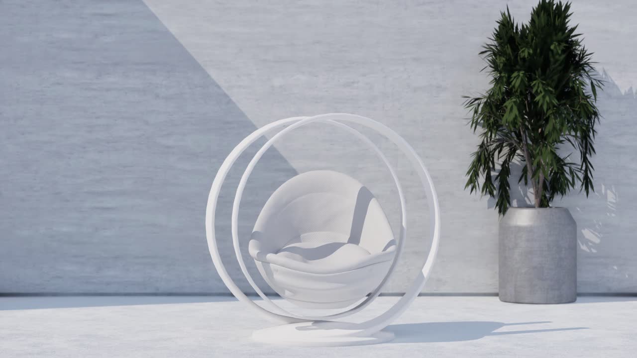Moderne kugleformet lænestol i minimalistiske omgivelser.