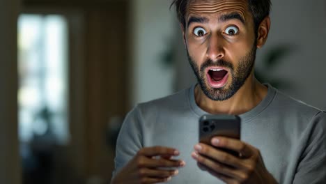shocked man looking at his smartphone