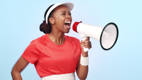 shout, megaphone and woman athlete in studio