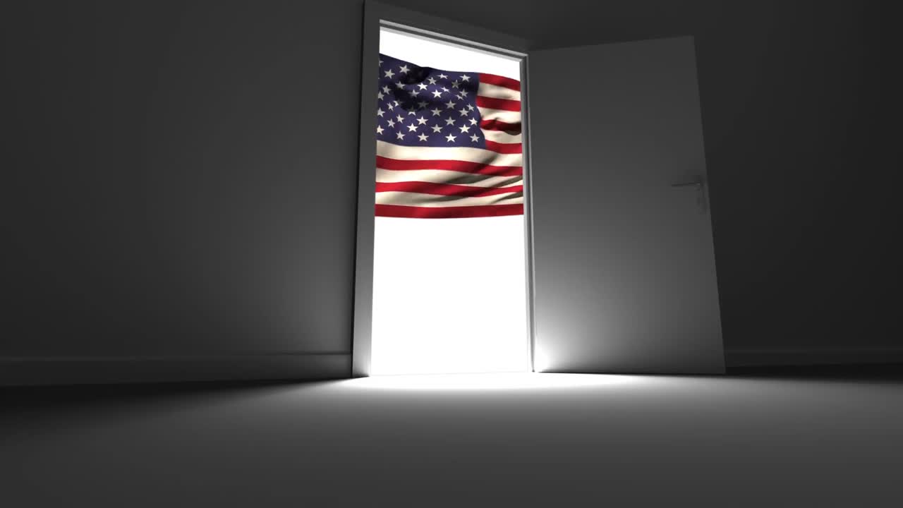 Animazione digitale che mostra la bandiera americana attraverso le porte aperte 4k