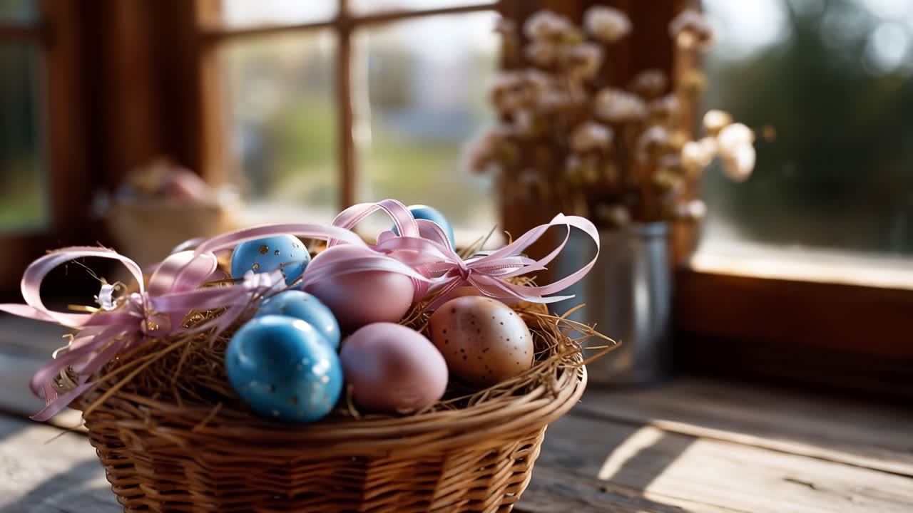 Soft sunlight warms wooden table near window. Pastel eggs glow in woven basket, tied with ribbon. Hay and ribbon add delicate texture to festive display. Sunbeam gently glows behind basket