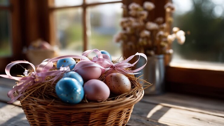Soft sunlight warms wooden table near window. Pastel eggs glow in woven basket, tied with ribbon. Hay and ribbon add delicate texture to festive display. Sunbeam gently glows behind basket