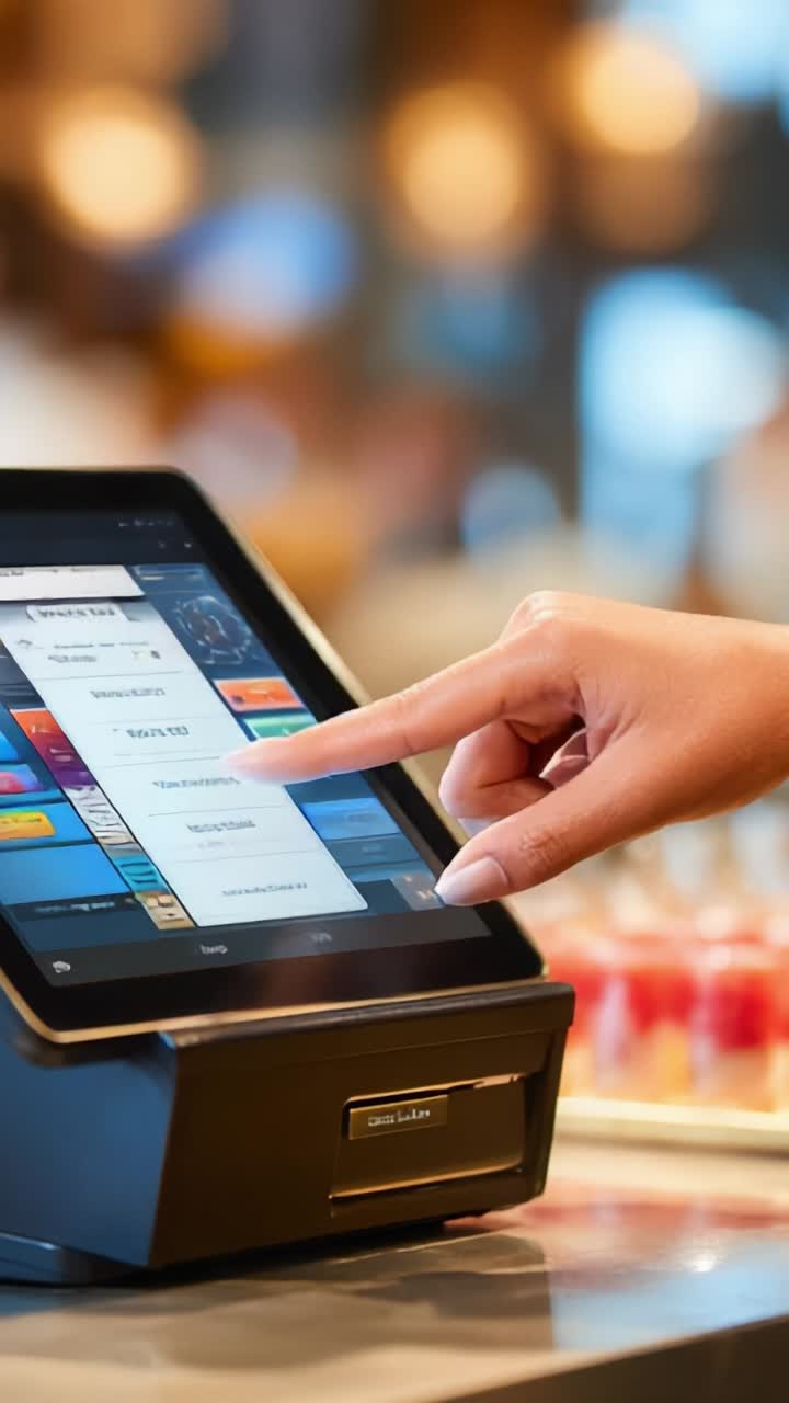 A modern touchscreen point-of-sale system being operated by a hand, showcasing a close-up view of the digital interface and vibrant bar environment behind it