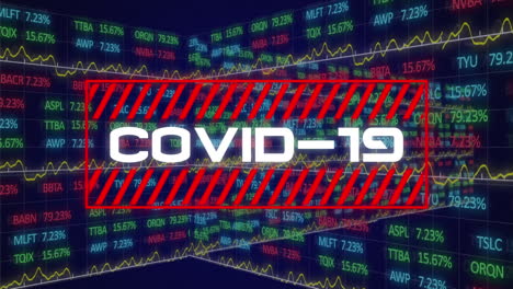 animation of word covid19 with data processing on blue background
