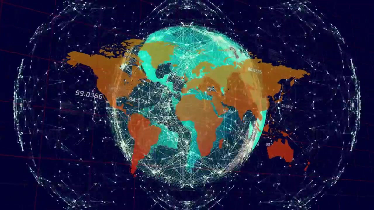 Beginning mesh globe rotating, intensifying nodes, streaming polar arcs, visualizing global traffic