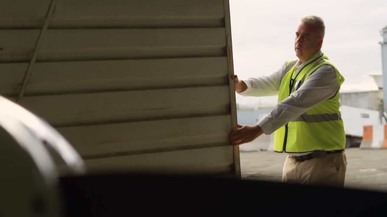 Engineer closing hangar gate 4k