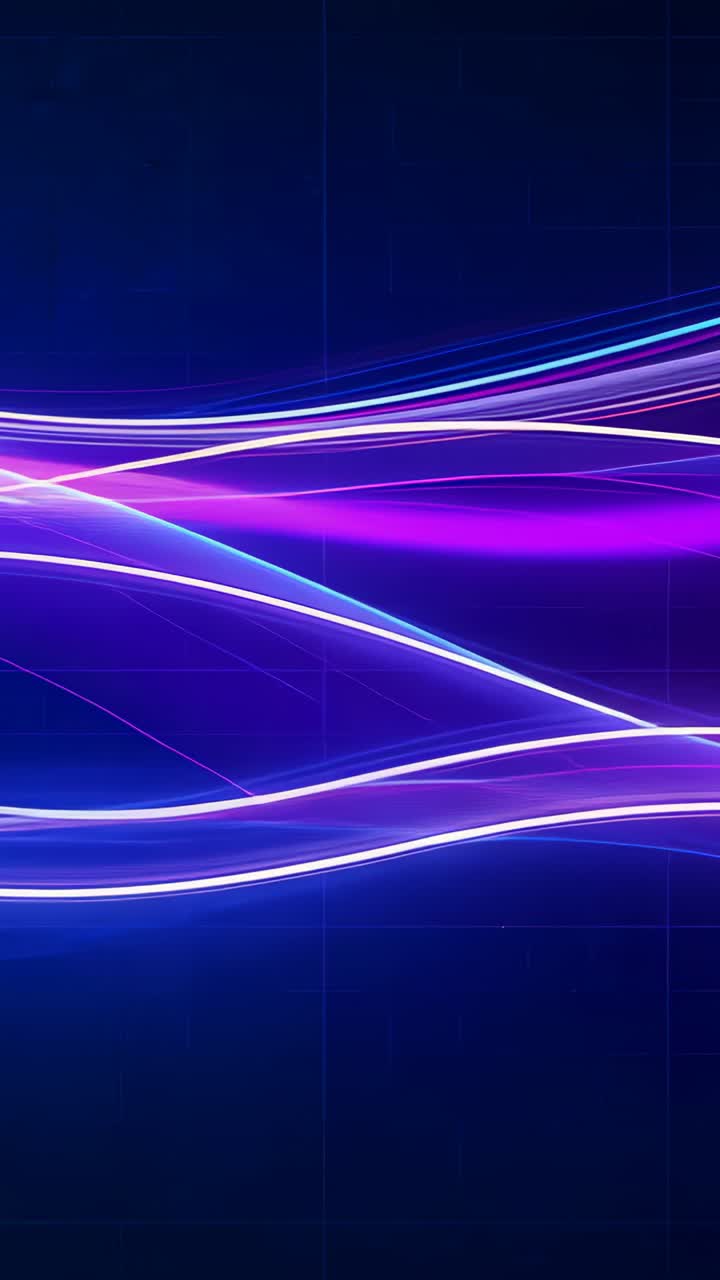 Vertical video: Entering from left layered ribbons looping over navy grid pulsing magenta orbs