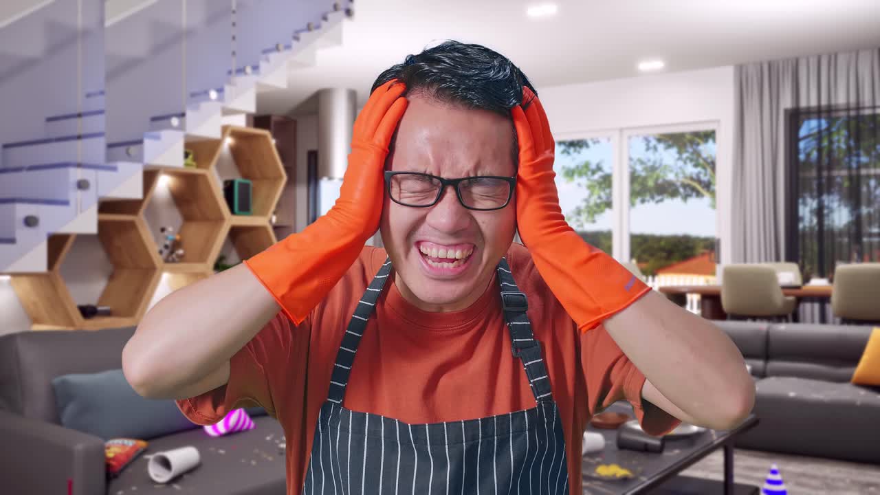 cercano de arrepentimiento ama de casa asiático con un delantal sosteniendo su cabeza y gritando mientras está de pie en la casa