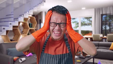 aus der nähe von reue asiatische männliche haushälterin mit einer schürze hält seinen kopf und schreit, während er im haus steht