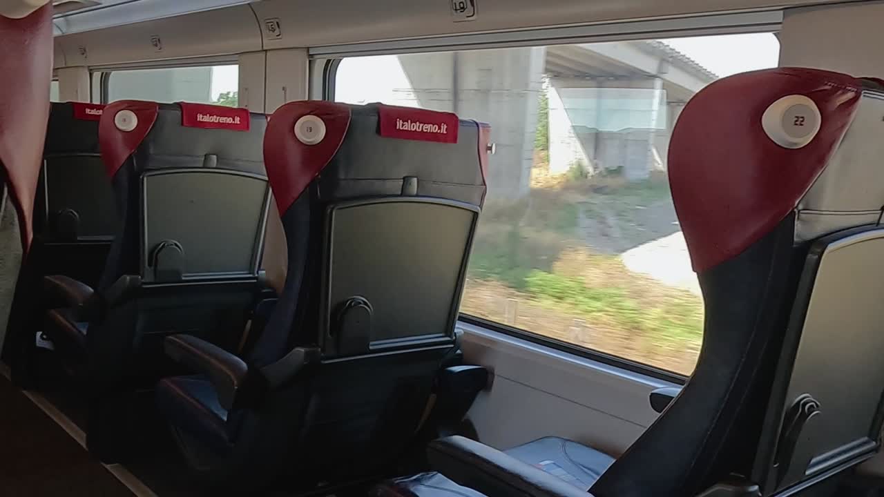View of sleek train seats with glimpses of rural landscapes through large windows.