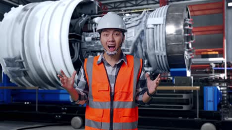 asian male engineer with safety helmet smiling to camera and saying wow while standing with airplane engine maintenance conducted, analytics checking the turbine