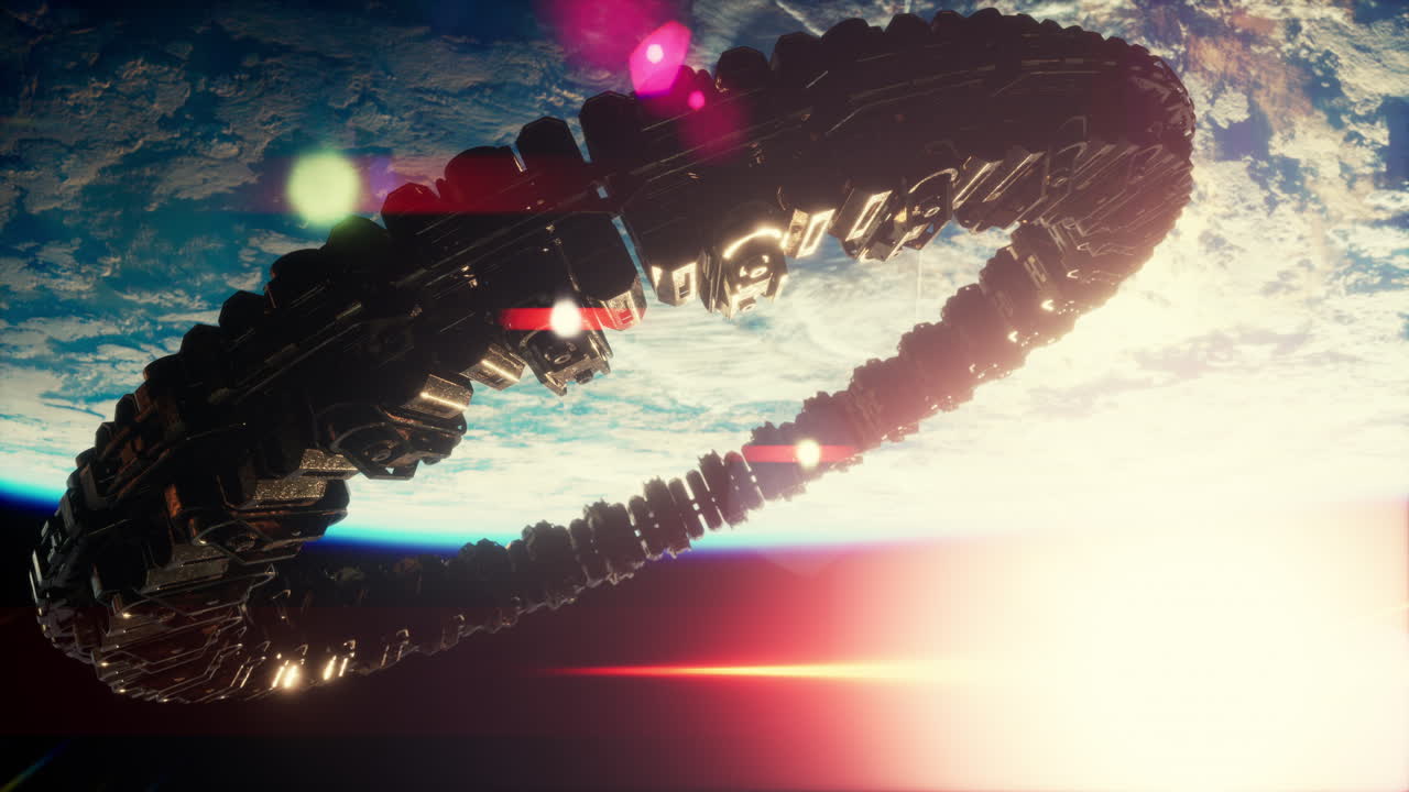 매우 상세한 거대한 우주선이 지구에 접근하고 있습니다.