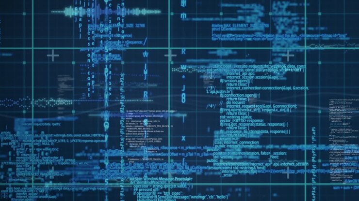 Animation of data processing over grid network against blue background