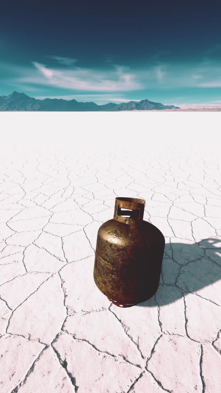 Un serbatoio di propano arrugginito in un paesaggio desertico