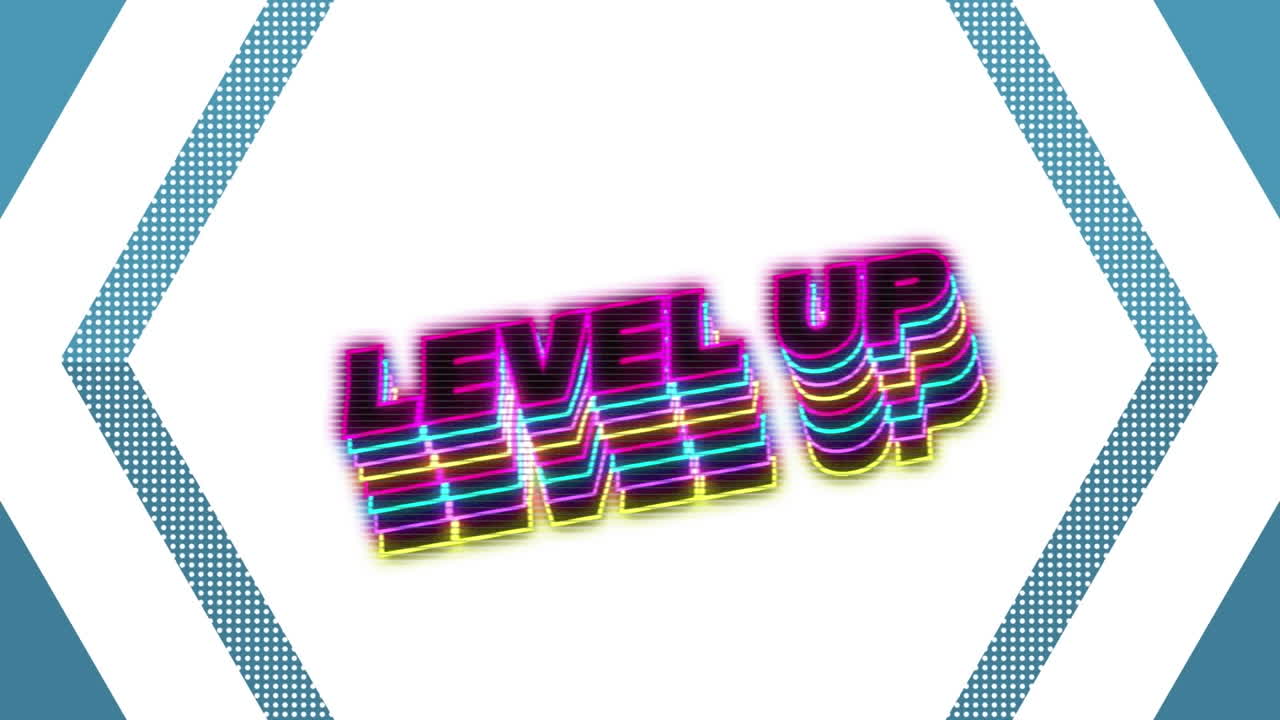 Animation of neon level up text with shadow effect against hexagonal shapes on blue background