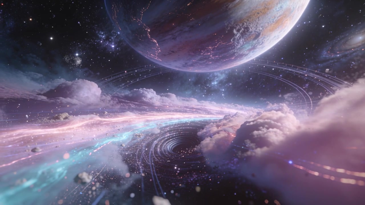 Advancing camera driving luminous pastel river narrowing toward spiral vortex over ringed gas giant