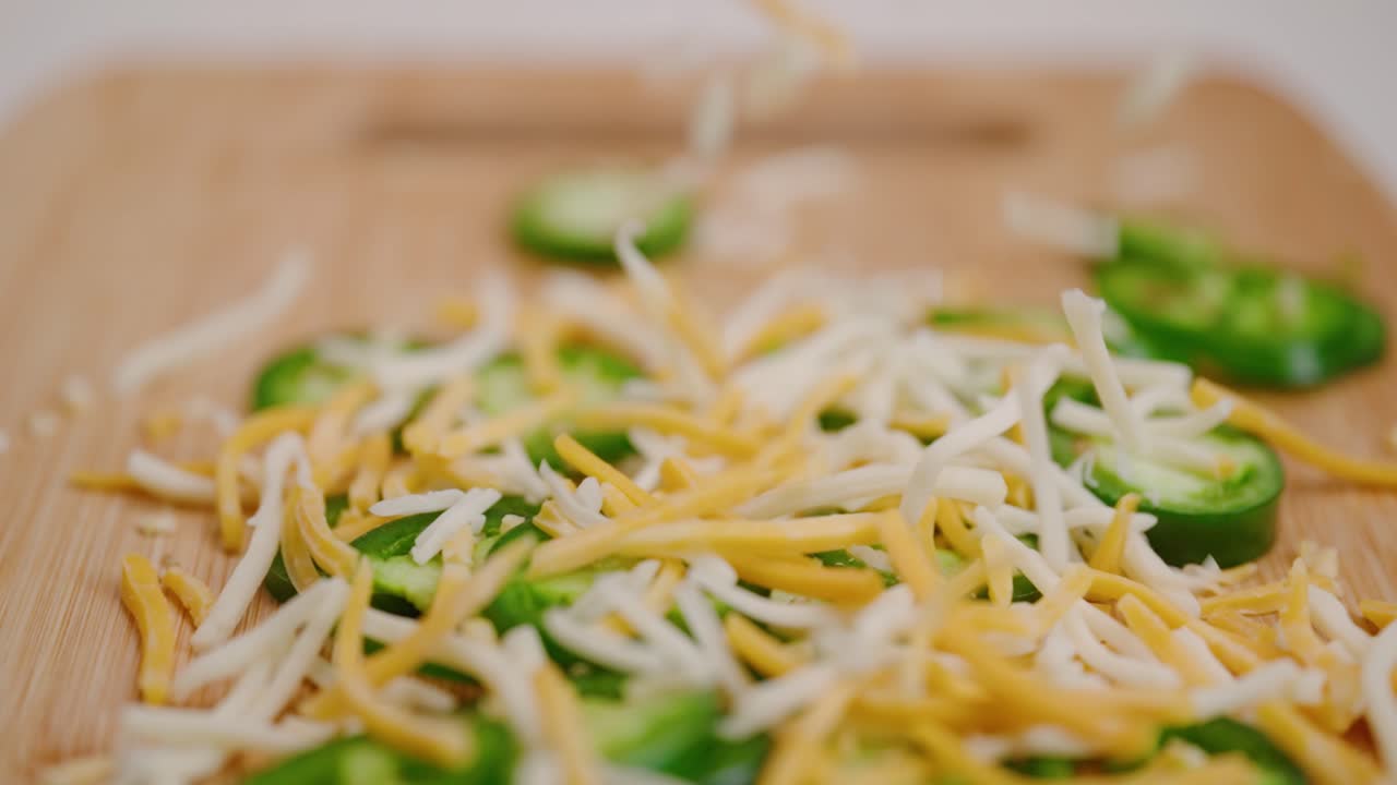 밝은 녹색 슬라이스 jalapeños 더미에 슬로우 모션으로 떨어지는 잘게 썬 치즈