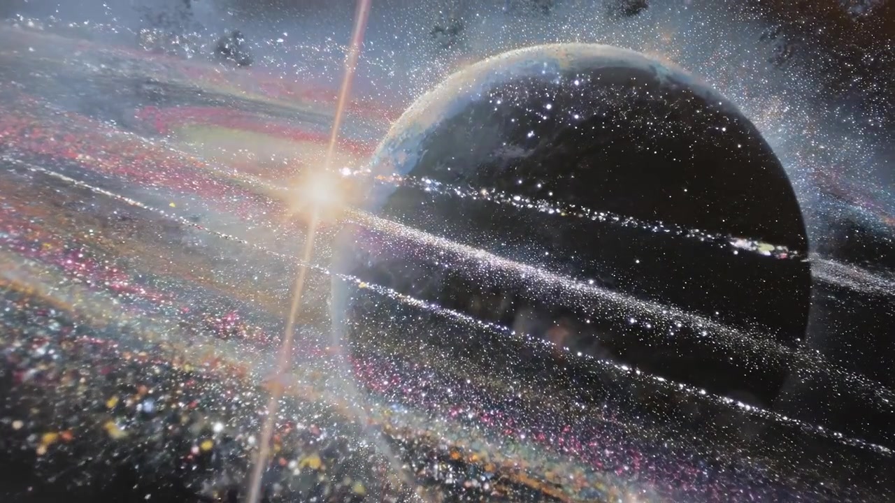 Cinematic View of a Ringed Planet in Deep Space
