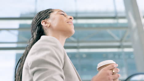 travel, thinking and business woman with coffee