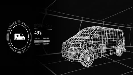 animación de iconos con procesamiento de datos sobre camión digital en fondo negro