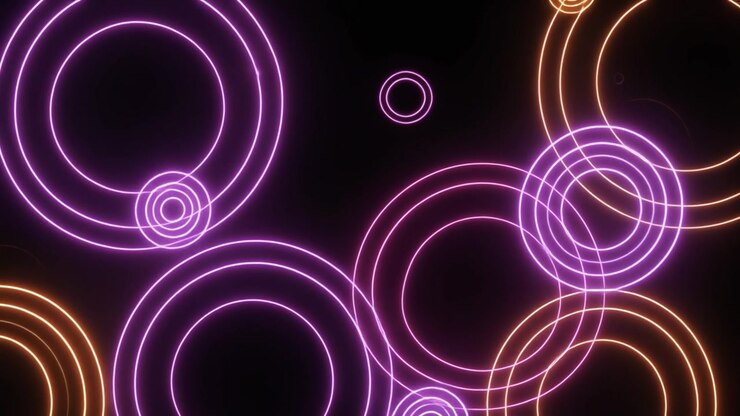 Animação Abstrata de Círculos de Neon Luminosos Expandindo em Fundo Preto