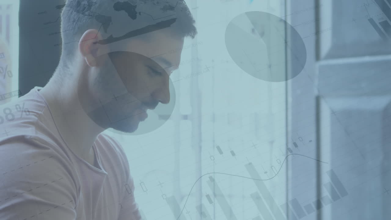 Animation of statistics processing over smiling man using smartphone