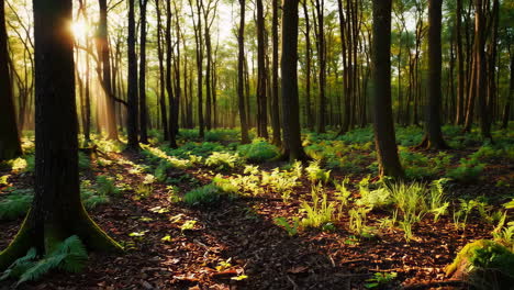 sunlight filtering through a vibrant green forest