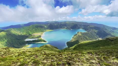 pov of discovering crater lake during hiking tour in the mountains