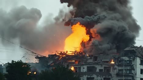 large building engulfed in flames explodes, producing a massive cloud of black smoke and causing widespread destruction