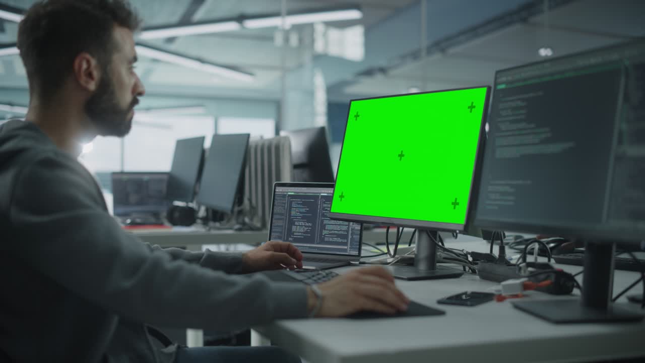 oficina multiétnica: programador informático blanco trabajando en una computadora con pantalla verde con pantalla de tecla de croma. ingeniero de software masculino desarrollando aplicación, programa, videojuego. terminal con lenguaje de código. toma estática
