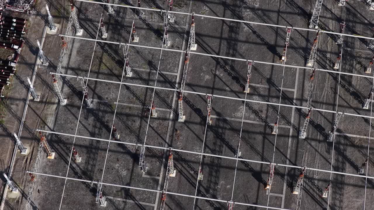 Drone shot of eletricity substation under renovation. European Union energy grid