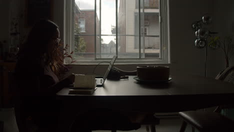 a young asian woman sits at her home apartment office whilst working on a laptop computer sitting by a window