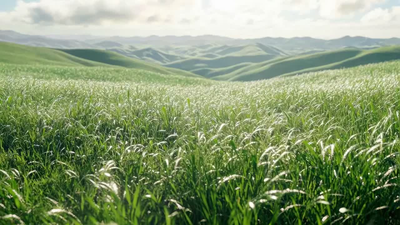 A serene video captures lush green fields with a low-angle view, showcasing rolling hills