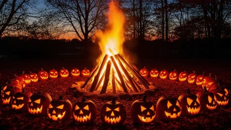 A Vibrant Halloween Celebration with a Flickering Bonfire Surrounded by Grinning Jack-o&#039;-Lanterns Under a Spellbinding Twilight Sky